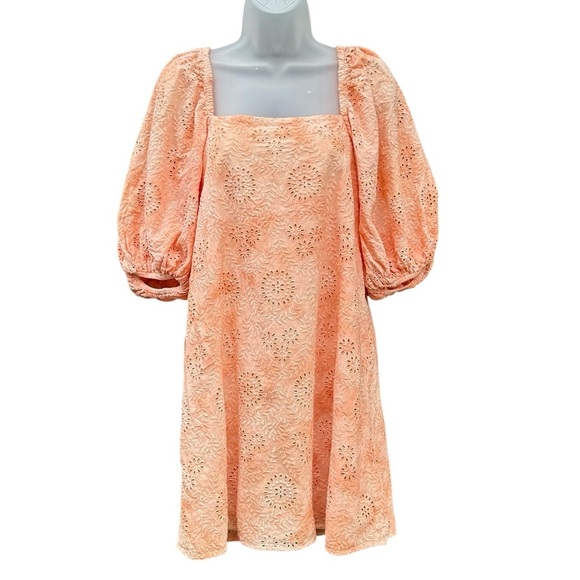 JEN'S PIRATE BOOTY Womens M Apricot Ashbury Swirl Eyelet Puff Sleeves Mini Dress - Picture 1 of 12